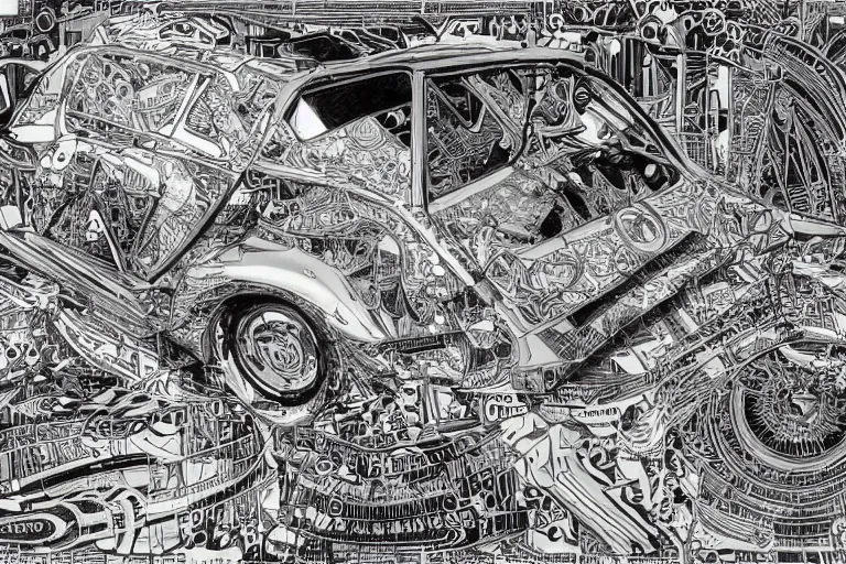 Image similar to a black and white drawing of a porsche 9 3 5 slantnose, a detailed mixed media collage by hiroki tsukuda and eduardo paolozzi and moebius, intricate linework, sketchbook psychedelic doodle comic drawing, geometric, street art, polycount, deconstructivism, matte drawing, academic art, constructivism