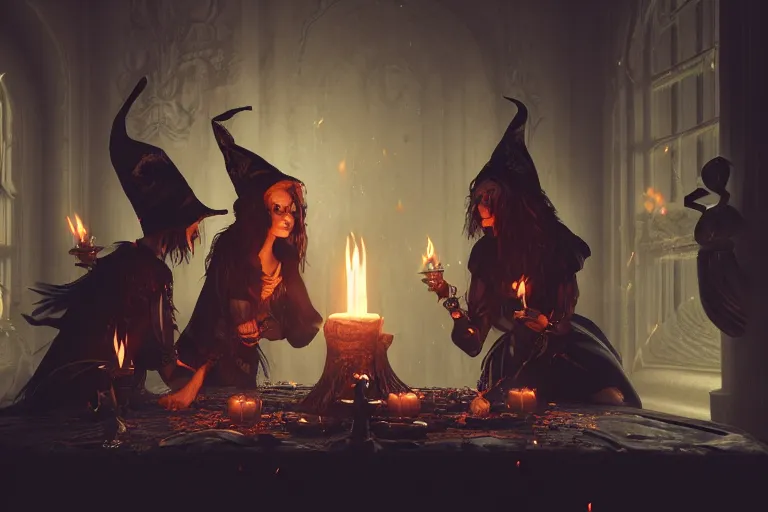 Prompt: dark witches doing a ritual. Ornate details, award winning, Octane render, 4k, 8k, unreal 5, very detailed, hyper control-realism, trending on artstation.”