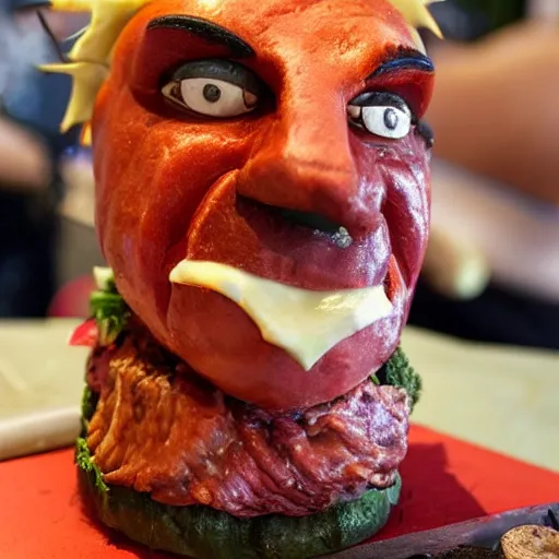 Prompt: a photo of a meat sculpture of Guy Fieri high quality detail