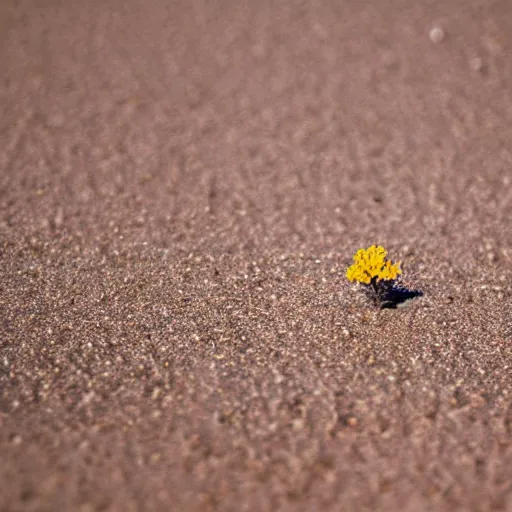 Image similar to a single small pretty desert flower blooms in the middle of a bleak arid empty desert, sand dunes, clear sky, low angle, dramatic, cinematic, tranquil, alive, life.