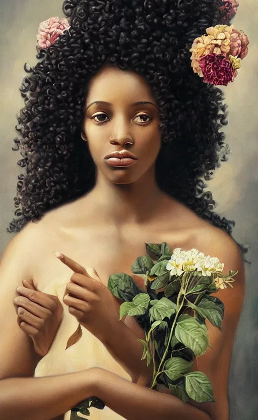 Image similar to surrealism, beautiful black woman with curly hair, holding flowers, hyper realism, muted colours, rococo, highly detailed, realistic, portrait