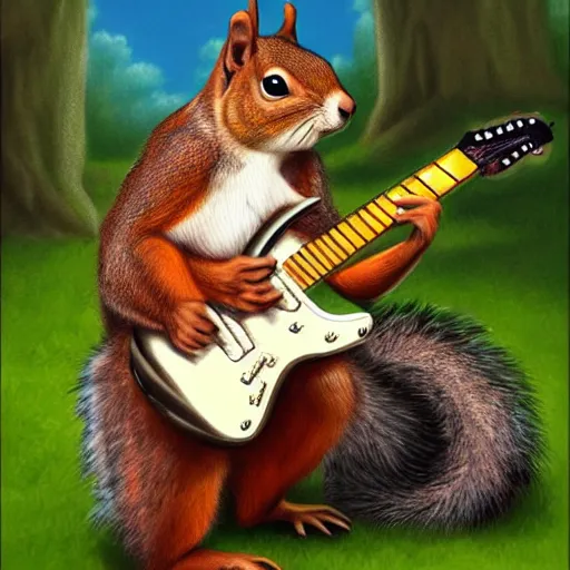 Image similar to a dnd character, a squirrel playing electric guitar, by Alex horley