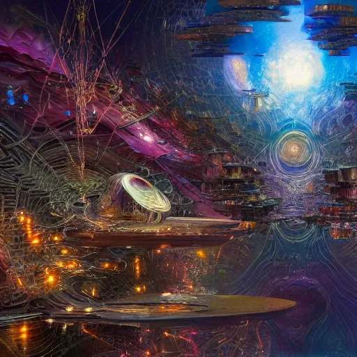 Image similar to cosmic web quantum intricate details matte painting weird cryengine render geometric by fenghua zhong, john berkey, m. c. escher, justin gerard, moebius, john stephens, andreas franke, tristan eaton