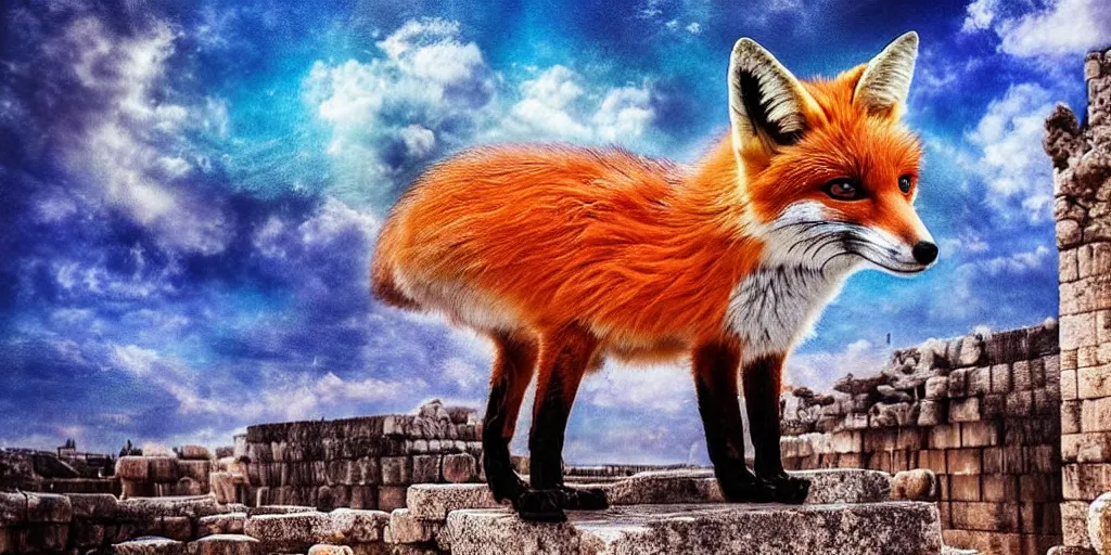 Image similar to A beautiful small fox in the huge ruins of the second temple in Jerusalem :: Dreamy sky :: The third temple hovers quietly in the sky above :: Very colorful painting 8k trending on art station :: Intricate details, very realistic, cinematic lighting, volumetric lighting, photographic blur bokeh defocus dof sky