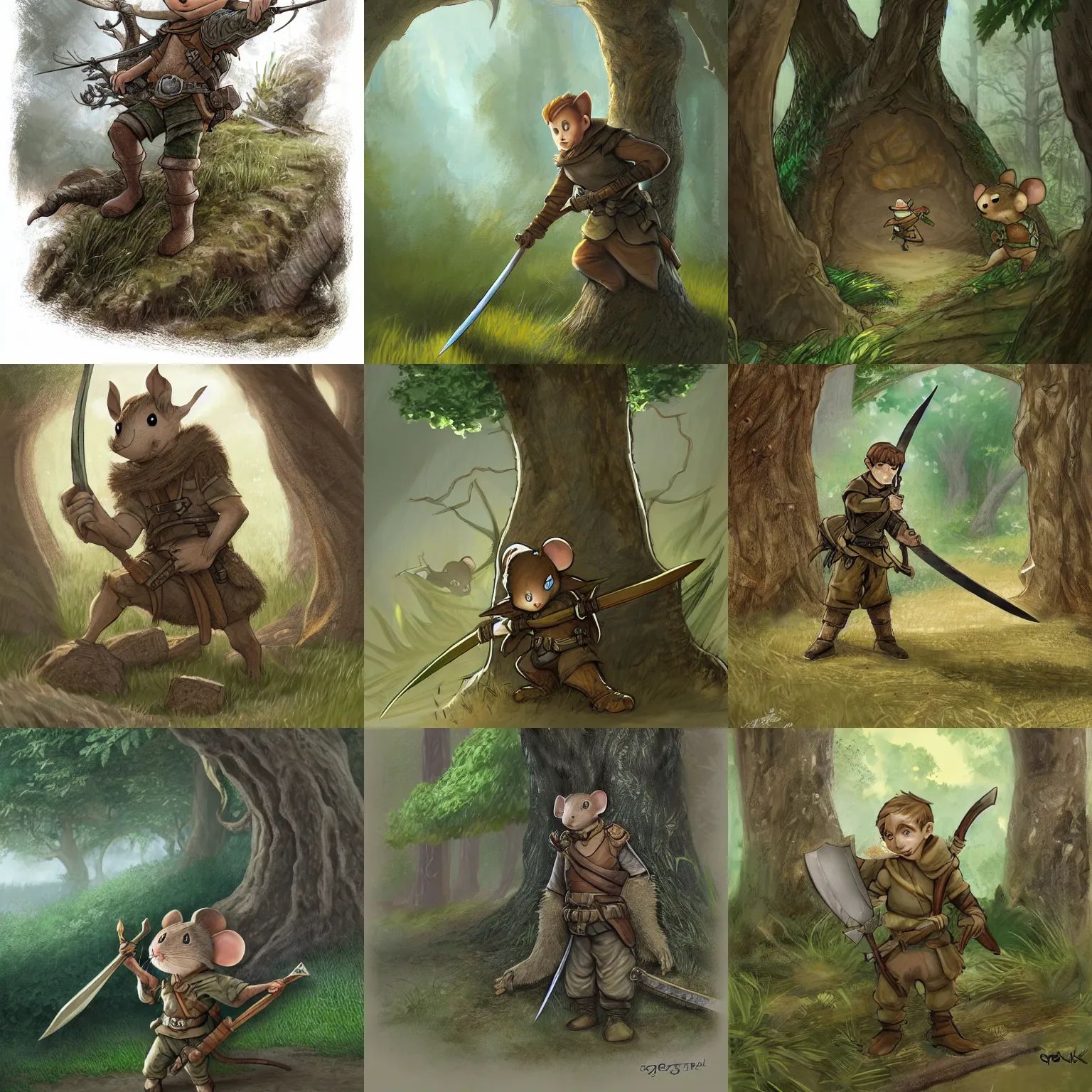 Prompt: mouse guard - mouse boy with sword and shield, male, tall root tree background, concept art, by greg rutkovski