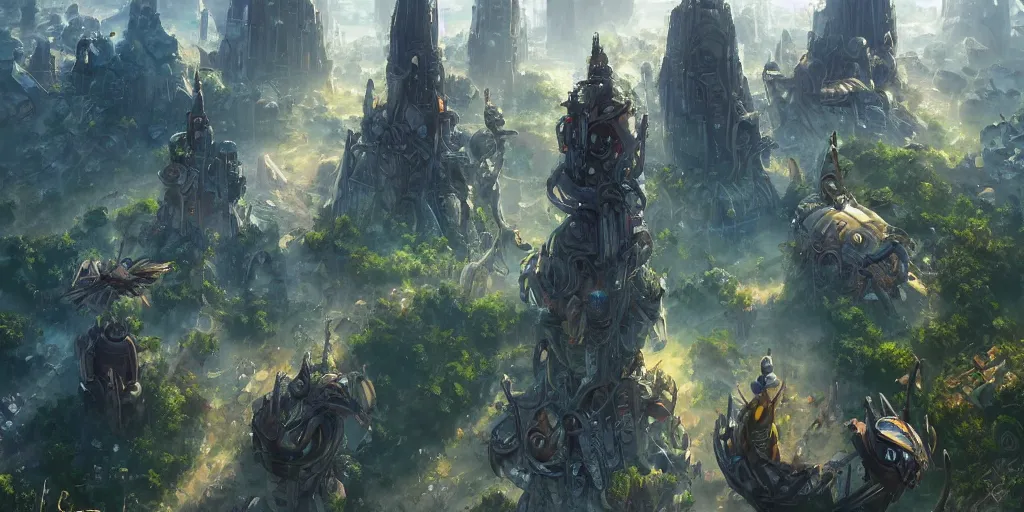 Prompt: Tower of dreams, scifi building, large metal object, floating crystals, magical aura, inside a small city, surrounding jungle, satellite dishes, futuristic, birds eye view, unique atmosphere, high quality, highly detailed, scifi, trending on ArtStation, award winning, Noah Bradley, Jordan Grimmer
