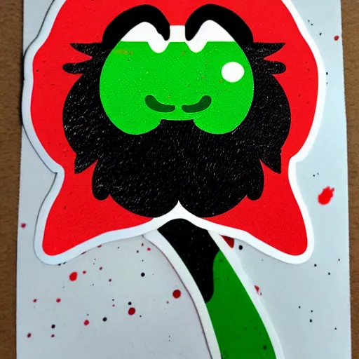 Image similar to die cut sticker, yoshi wearing mario's mustache, splatter paint