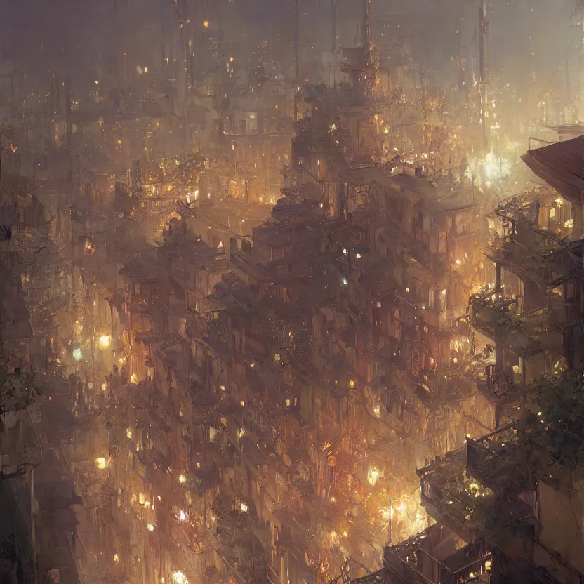 Image similar to a beautiful realistic painting of a firework festival on a balcony at night, intricate, elegant, highly detailed, greg rutkowski, krenzcushart, nier automata enviroment concept art, makoto shinkai, alphonse mucha