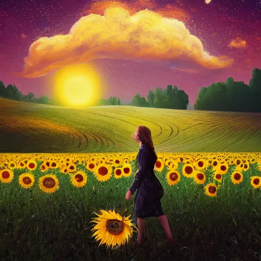 Image similar to giant sunflower face, girl walking in wheat field, hills, surreal photography, dark night, star trails, dramatic light, impressionist painting, clouds, digital painting, artstation, simon stalenhag