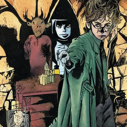 Prompt: in one frame Harry Potter with Sandman in The Sandman comic, by Neil Gaiman, by Dave McKean, comics Sandman, small details, clear faces, high detail