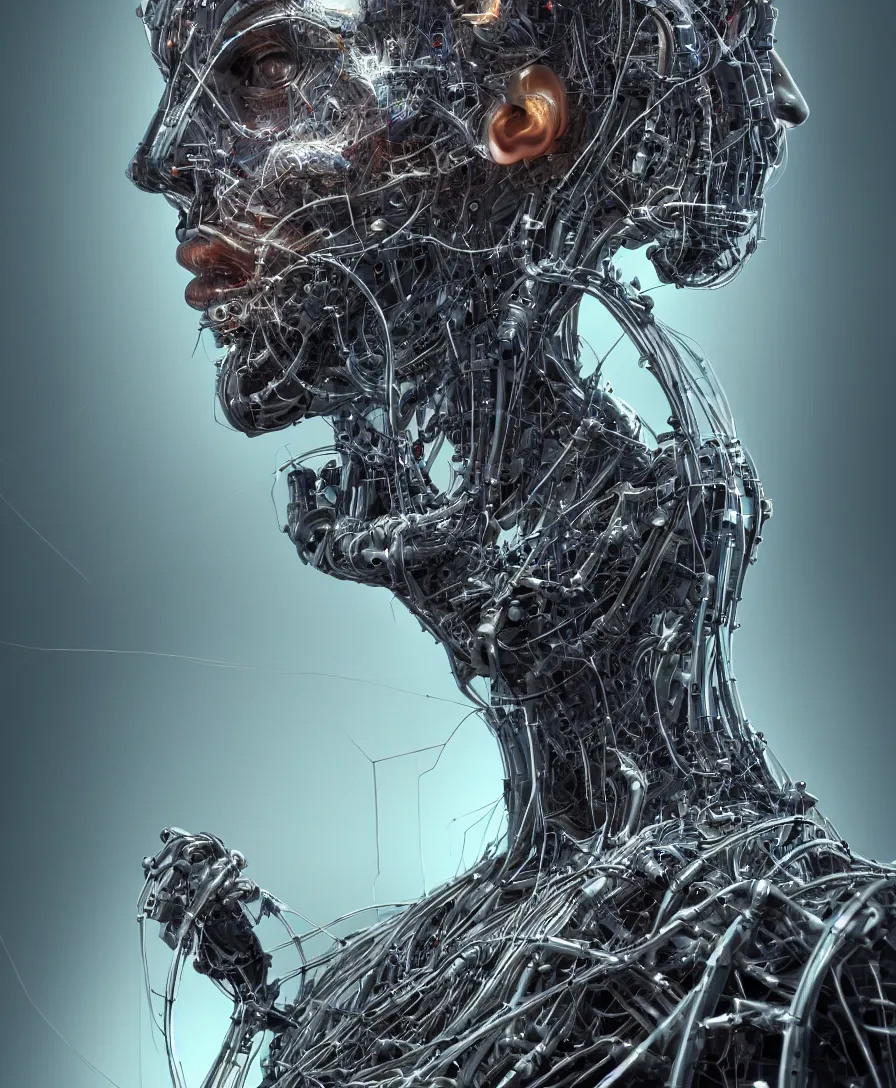Prompt: a beautiful portrait photoshoot of human part, with epic bionic cyborg implants, wires, tubes, biomechanical details, liquid, prismatic highlights, depth of field, cinematic, concept art, 5 0 mm, artstation, digital painting, elegant, focus, octane render, ray tracing, by h. r. giger