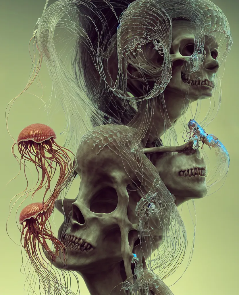 Image similar to goddess close - up portrait human skeleton, ram skull, jellyfish, orchid, betta fish, bioluminiscent, intricate artwork by tooth wu and wlop and beeple. octane render, trending on artstation, greg rutkowski very coherent symmetrical artwork. cinematic, hyper realism, high detail, octane render, 8 k