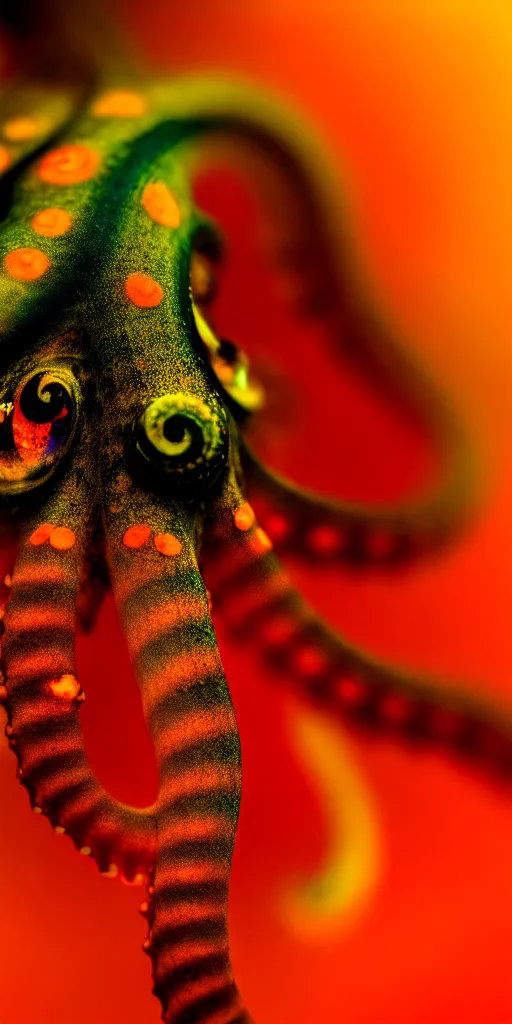 Image similar to fiery whimsical emotional eyes cephalopod, in a photorealistic macro photograph with shallow dof