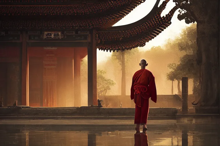 Prompt: a monkey dressed as a shaolin monk, standing in front of an ancient chinese palace, cinematic, dramatic lighting, digital art, artstation, greg rutkowski