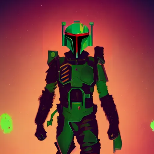 Prompt: cyber-warlock boba fett character portrait, fantasy, D&D, by beeple, brushstrokes, sketchy