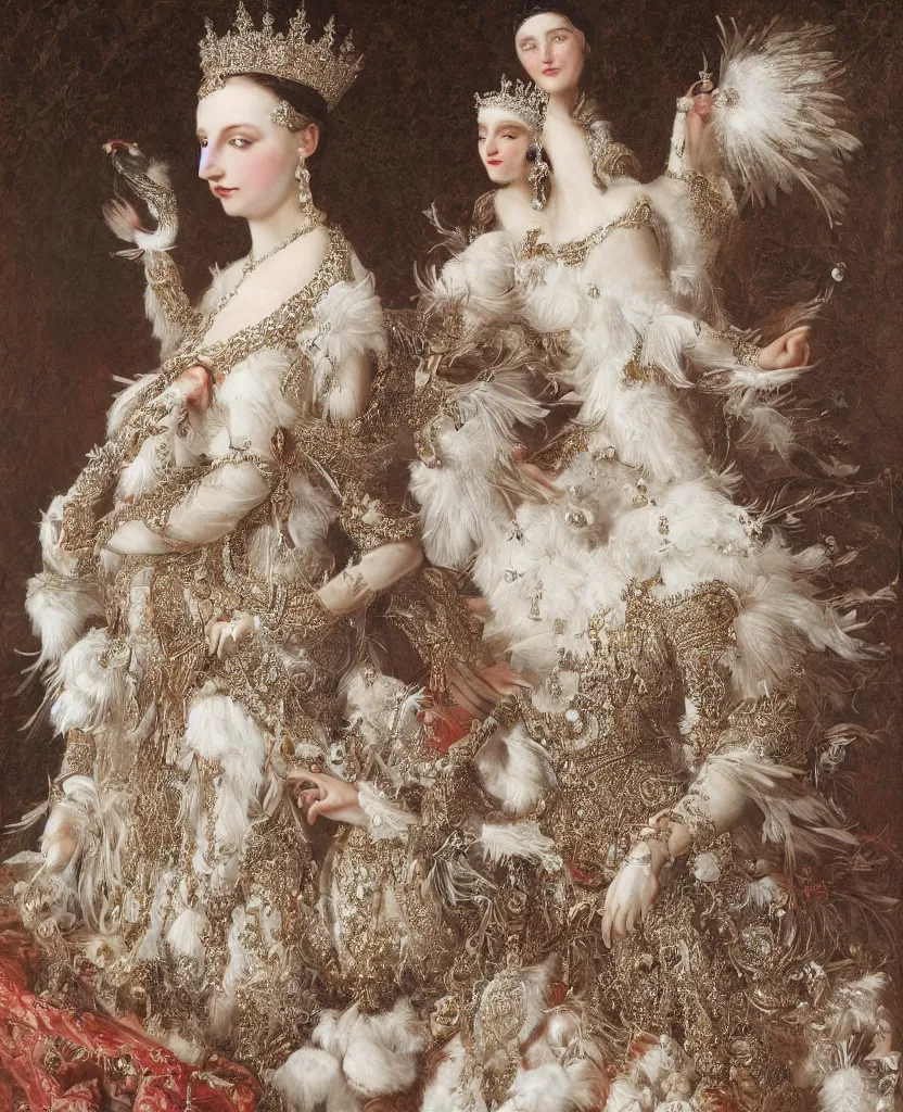 Image similar to a one single queen _ with _ a _ decorated _ dress _ made _ of _ white _ pearls _ and _ white _ plumes _ of _ swan _ highly _ detailed _ digital _ painting