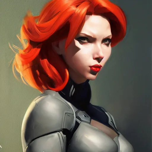 Image similar to greg manchess portrait painting of black widow as overwatch character, medium shot, asymmetrical, profile picture, organic painting, sunny day, matte painting, bold shapes, hard edges, street art, trending on artstation, by huang guangjian and gil elvgren and sachin teng