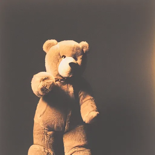 Image similar to a ( ( chiaroscuro lighting portrait ) ) of kanye west dressed as teddy bear mascot, ( ( black background ) ), portrait by julia margaret cameron, shallow depth of field, 8 0 mm, f 1. 8