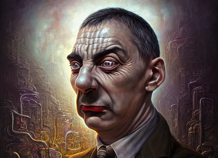 Image similar to lovecraft biopunk portrait of mr bean, fractal background, by tomasz alen kopera and peter mohrbacher