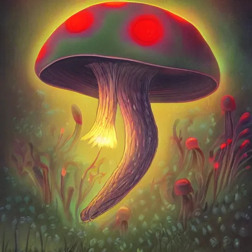 Image similar to a detailed painting of a mushroom Glows, artxenomorphtea, aeonsomeically, mononoke, buccaneer, gptj6b, bituminous, hexglow