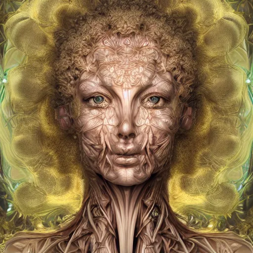 Image similar to beatifull frontal face portrait of a woman, 150mm, anatomical, flesh, flowers, mandelbrot fractal, symmetric, intricate, elegant, highly detailed, ornate, ornament, sculpture, elegant , luxury, beautifully lit, ray trace, octane render in the style of peter Gric and alex grey