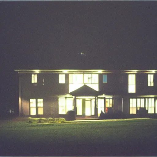 Image similar to a foggy high flash photo of a suburban home from the street at night, 2 0 0 6, taken with a disposable camera