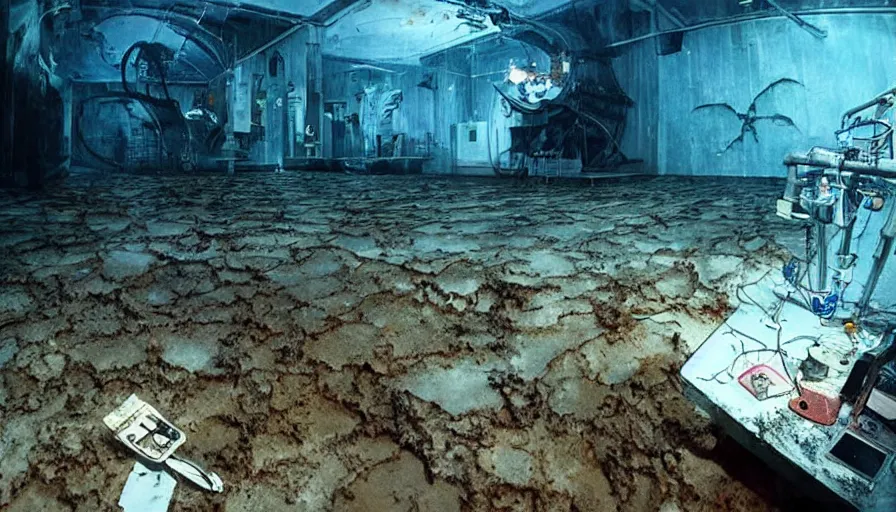 Image similar to Big budget horror movie, science factory on the ocean floor