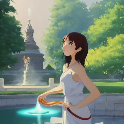Image similar to a full body portrait of a young woman wearing a white apron standing in front of a fountain in a park, makoto shinkai, james gilleard, very detailed, matte, gaussian blur, tone mapped William-Adolphe, trending on artstation