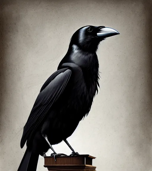 Prompt: portrait of a beautiful crow sitting upon a table with heightened detail, detailed facial expression, detailed surroundings, elegant, highly detailed, centered, digital painting, artstation, concept art, smooth, sharp focus, illustration, by ( leonardo da vinci ), wlop