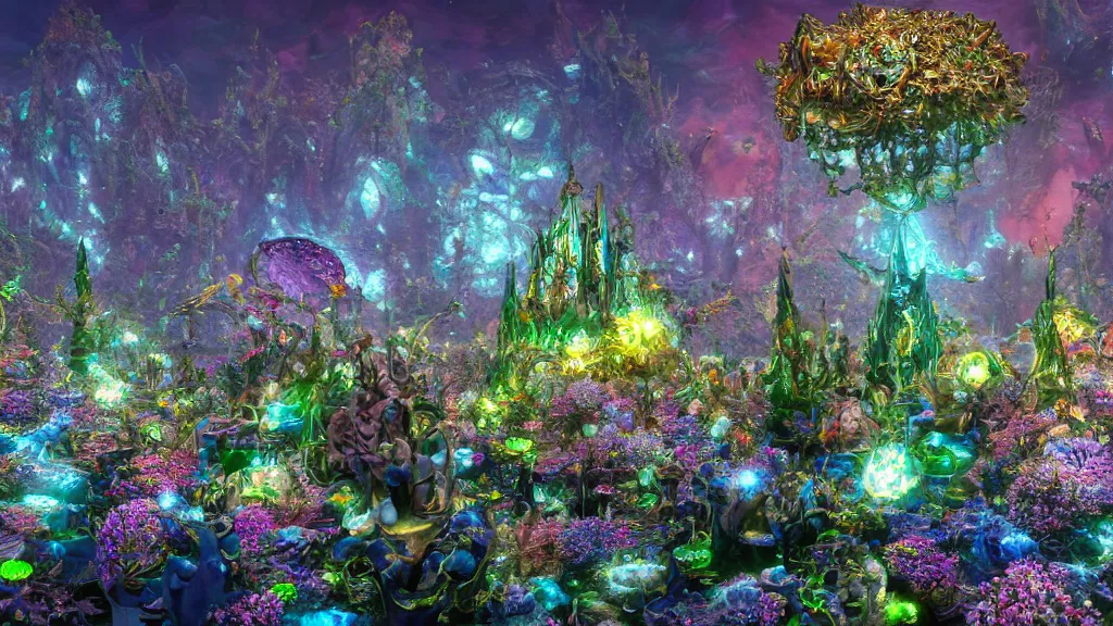 Image similar to a centered render of intricate modular synthesizer of dargon, shining its light across a tumultuous sea of flowers, undersea animals and one gothic crystal temple by dorothea tanning and salvador dali, trending on artstation, cyber punk, soft color, unreal engine, high detailed, 8 k