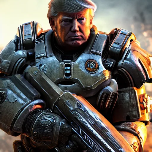 Image similar to Donald Trump as Masterchief in gears of war, splash art, movie still, detailed face, photorealistic facial features, cinematic lighting, dramatic, octane render, long lens, shallow depth of field, bokeh, anamorphic lens flare, 8k, hyper detailed, 35mm film grain