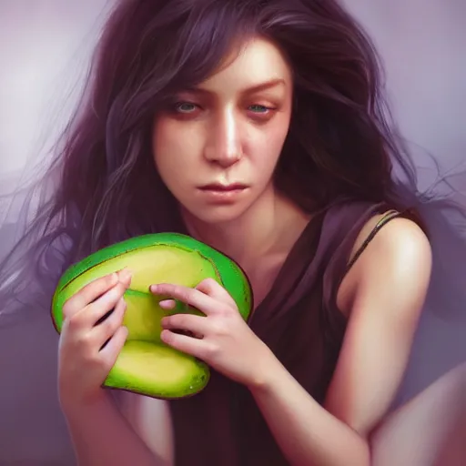 Image similar to lauren walsh lovingly cradling an avacado, fullbody, ultra high detailed, oil painting, greg rutkowski, charlie bowater, yuumei, yanjun cheng, lauren walsh, unreal 5, daz, hyperrealistic, octane render, rpg portrait, dynamic lighting, fantasy art, beautiful face