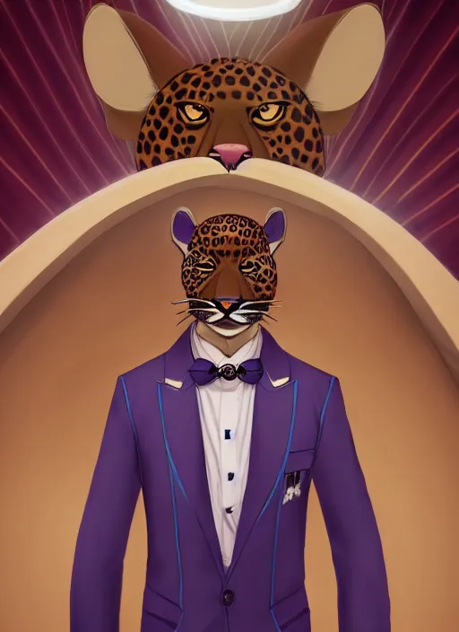 Image similar to commission of a beautiful portrait of a male anthro leopard fursona wearing a dress shirt and bowtie in a futuristic casino. character design by Kinoshita Jiroh, Hyaku. Detailed, soft lighting, rendered in octane