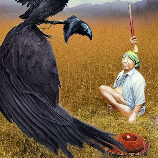 Image similar to n elderly indian don juan is sitting in a field with peyote and smoking a pipe, a raven walks next to him, by miho hirano, ross tran and ilya kuvshinov, realistic, detailed, beautiful fantasy detailed trending on artstation, oil painting, dramatic lighting, eterea, high quality print, fine art with subtle redshift rendering