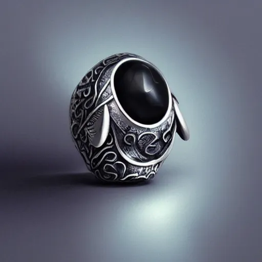 Image similar to silver ring with an abstract bird with a black gem on it's back it, highly detailed, digital painting, trending on artstation, concept art, sharp focus, illustration, art by artgerm and greg rutkowski and magali villeneuve