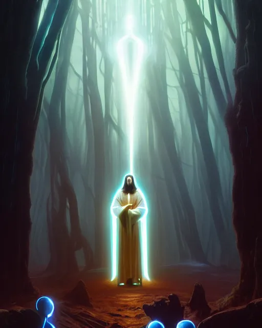 Image similar to tron legacy jesus performing miracles for a crowd in an ancient forest, face, diffuse lighting, hyper realistic, concept art, intricate, hyper detailed, smooth, sharp focus, illustration, artstation, art by greg rutkowski and james gurney and alphonse mucha