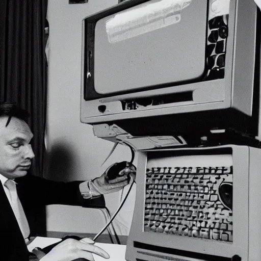 Image similar to viktor orban programming a vintage computer in a cubicle, oil painting