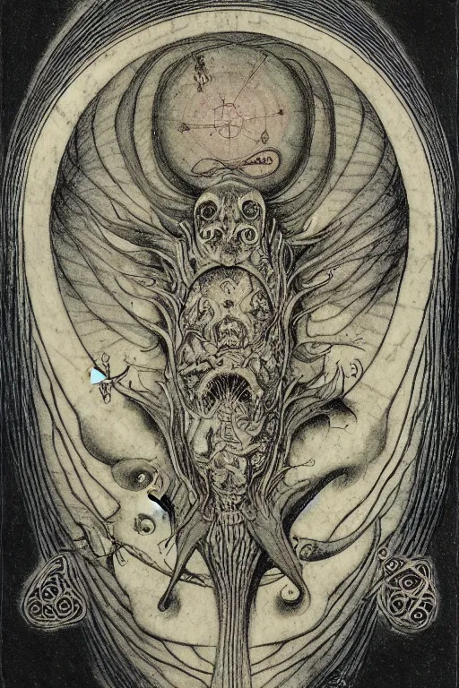 Image similar to occult diagram of happy fish in the style of wayne barlowe, gustav moreau, goward,  Gaston Bussiere and roberto ferri, santiago caruso, and austin osman spare