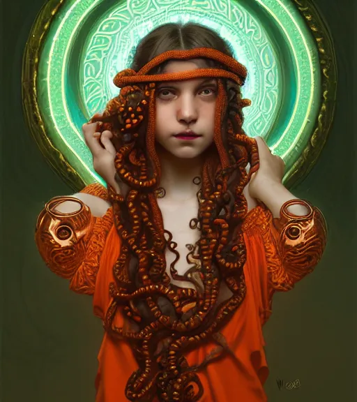 Image similar to portrait of teenage medusa, snake hair, naughty smile, wearing an embroidered orange tunic, intricate, sensual, elegant, copper and emerald jewelry, glowing lights, seductive, highly detailed, digital painting, artstation, concept art, smooth, sharp focus, illustration, art by wlop, mucha, artgerm, and greg rutkowski