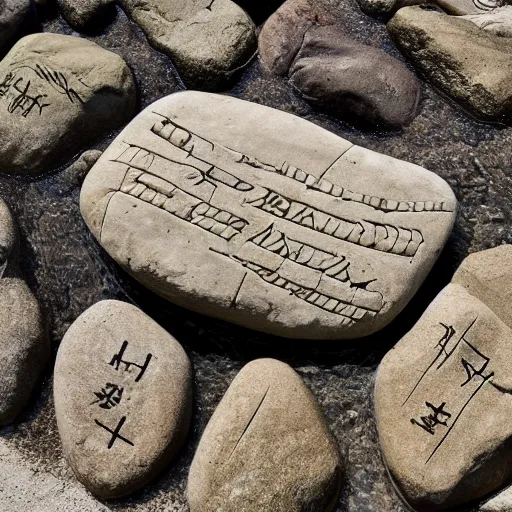 Image similar to detailed carving hunger stones in a river, photographic journalism, realistic, european river, ancient writing