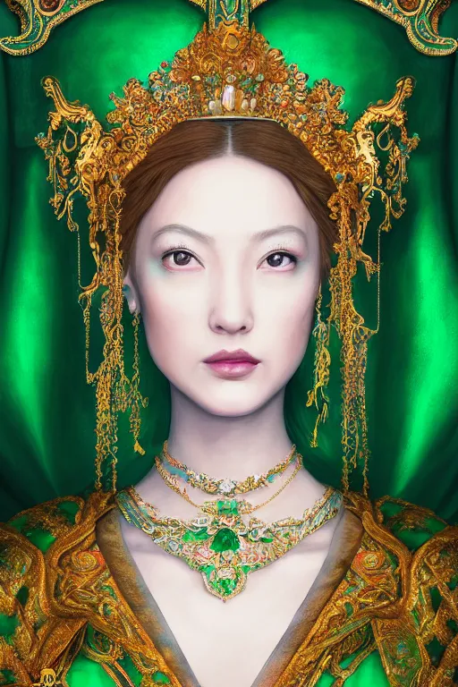 Image similar to a beautiful empress portrait, with a brilliant, impossible striking shiny big emerald headpiece, emerald robes, Alice in wonderland, rococo, baroque, jewels, asian, realistic, closeup, D&D, fantasy, intricate, elegant, highly detailed, digital painting, symmetrical, artstation, octane render, 8k, concept art, matte, sharp focus, illustration, art by Artgerm and Greg Rutkowski and Alphonse Mucha