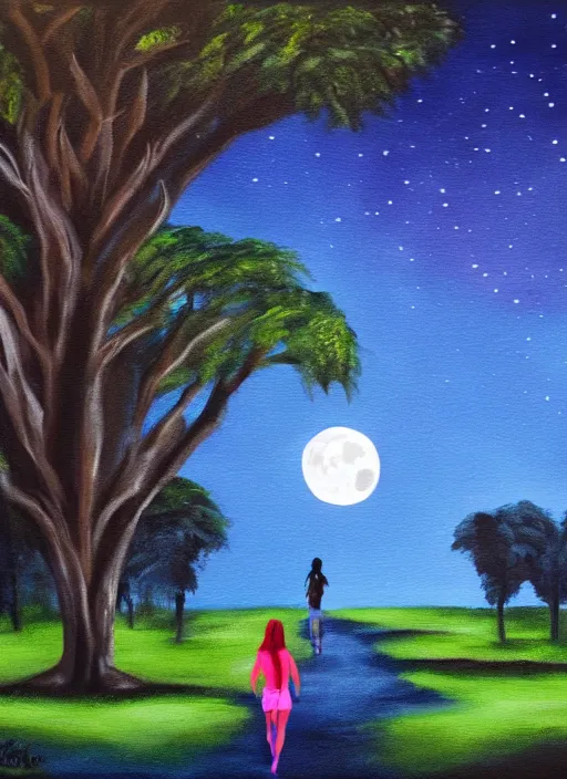 Prompt: young brown woman walking her dog in a park at night with a full moon, ceiba trees, acrylic painting, photoreal, fantasy