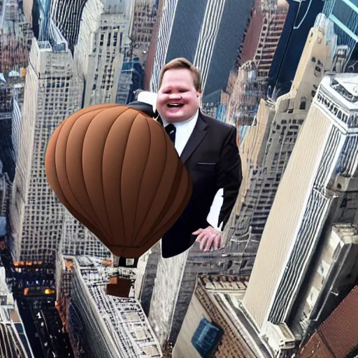 Image similar to Andy Richter wearing a brown suit and necktie floating in a hot air balloon about nyc