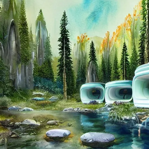 Prompt: beautiful happy picturesque charming sci - fi modular organic pod - like homes of the future in a beautiful natural scene. water, trees and rocks. beautiful light. soft colour scheme. beautiful artistic detailed watercolor by lurid. ( 2 0 2 2 )