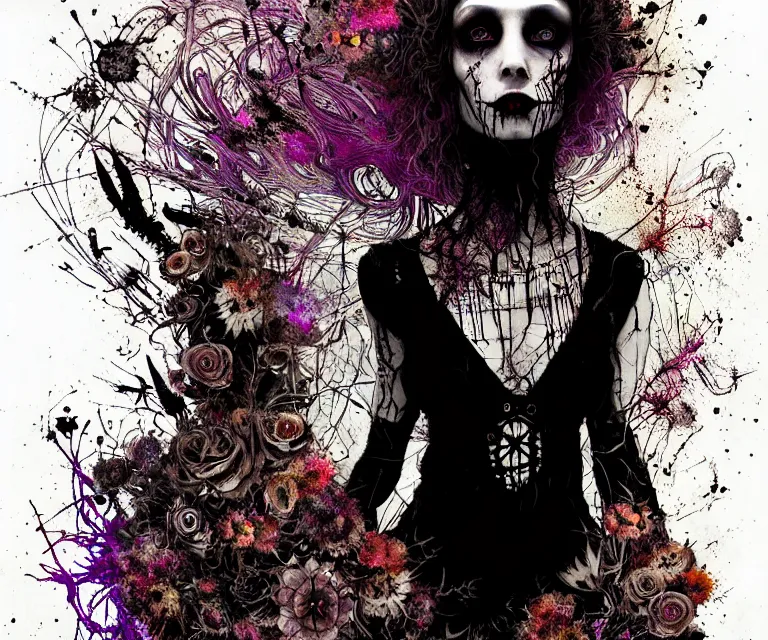 Prompt: gothic hybrid girl, clothes shaping the universe, freedom fighter, eerie, cinematic, epic, 8 k, ultra - realistic, rendered by awesomeness. | a psychedelic apocalypse, illustration by albrecht durer, concept art in the style of carne griffiths artwork by xsullo. | background of beautiful flowers floatingby elson, peter kemp, peter