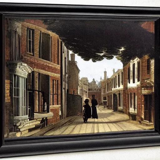 Image similar to a Victorian street in 1840, Morris Mini, by Caravaggio