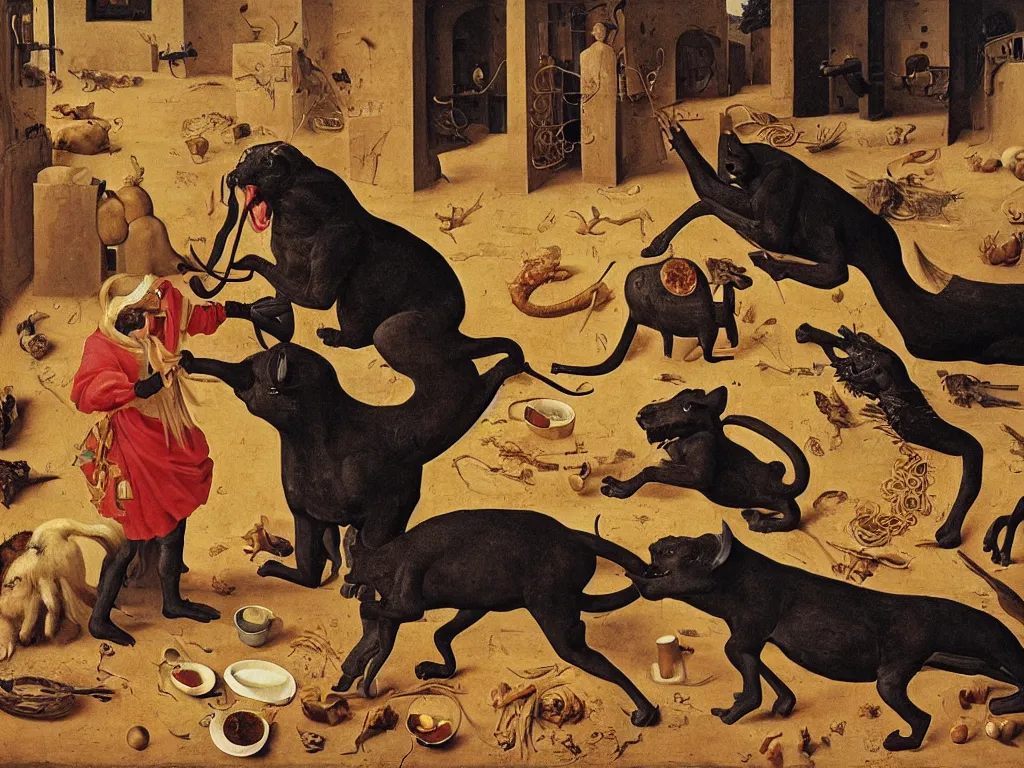 Prompt: woman eating noodles. scratch that. panther eating an antelope. painting by jan van eyck, walton ford