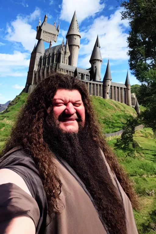 Prompt: iPhone selfie of Hagrid in front of the Hogwarts Castle