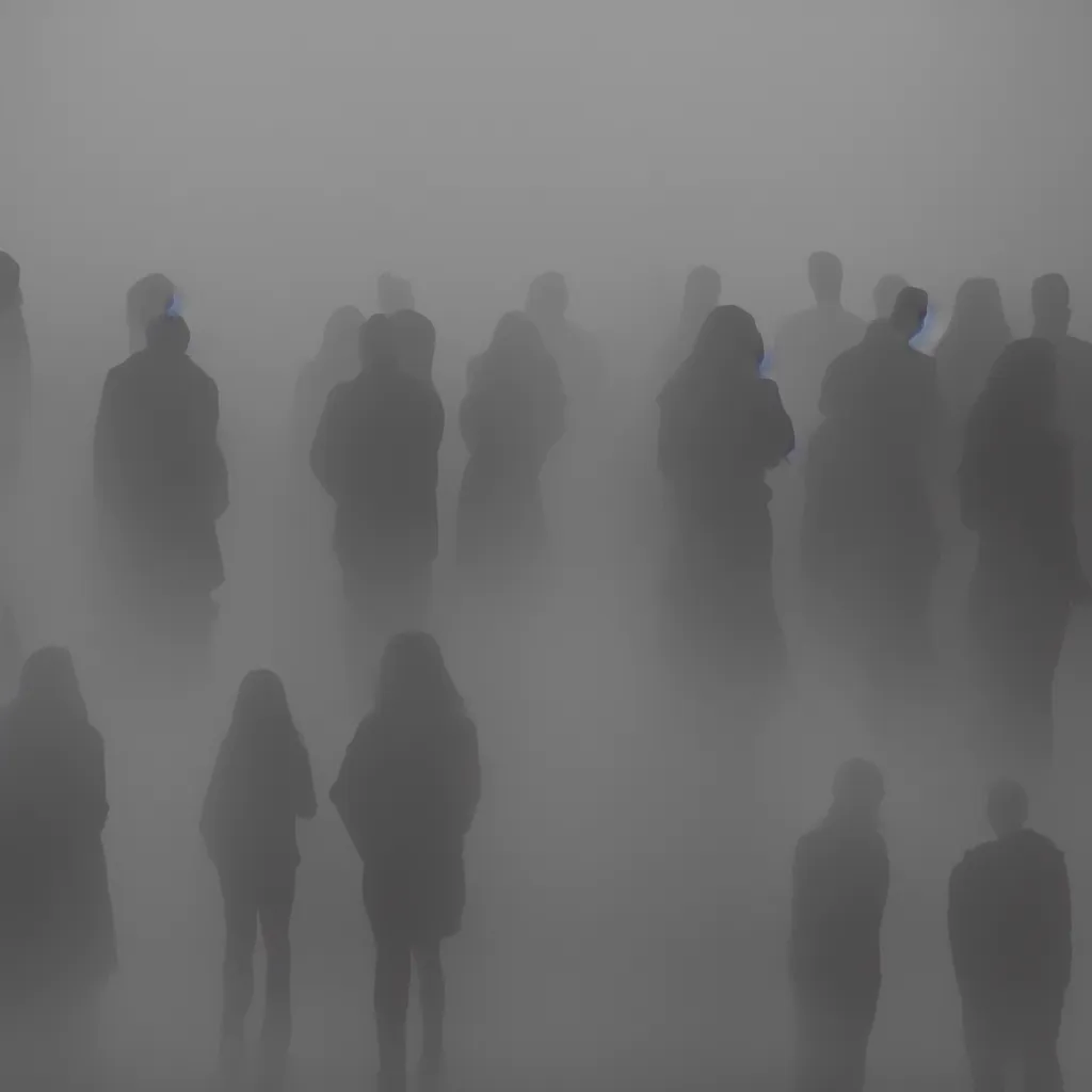 Prompt: A group of men and women seen from behind meet in a foggy minimalist office, corporate portrait, canon 5d, sigma 85mm, f 1/4