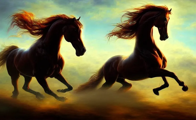 Image similar to a masterpiece oil painting of a proud horse galloping. wide angle, fantasy art, heroic lighting, very very very beautiful raytraced rendering, fog, finger of god, amazing wallpaper